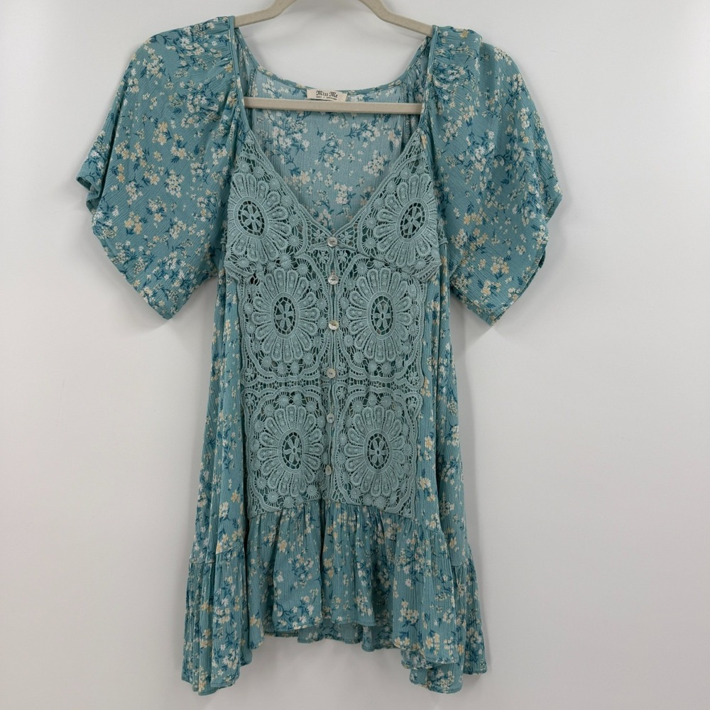 Miss Me Womens Ditsy Floral Babydoll Tunic Small Boho Crochet Flutter Sleeve Y2K